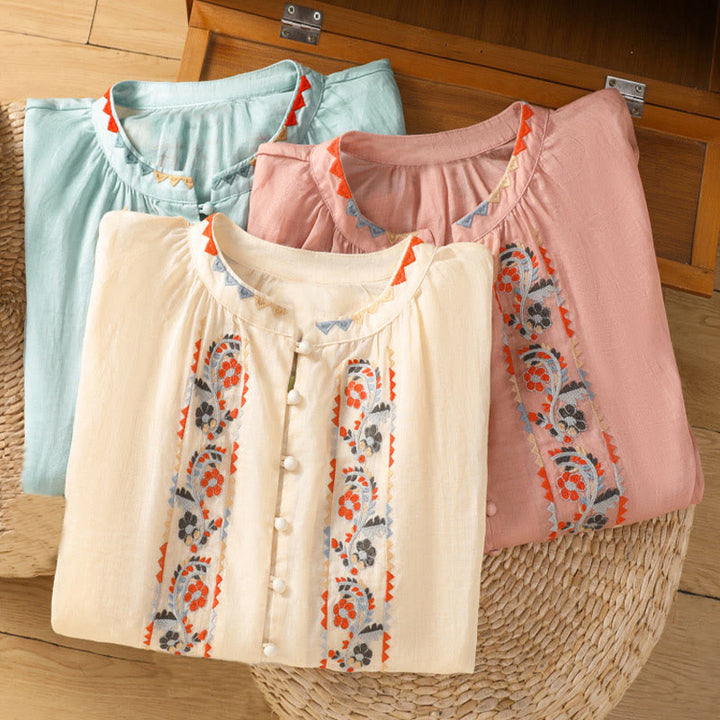 Camicia da donna in cotone e lino con maniche lunghe a lanterna, ricamo vintage Buddha Stones, abbottonatura a fila singola e multi-bottoni - image 16