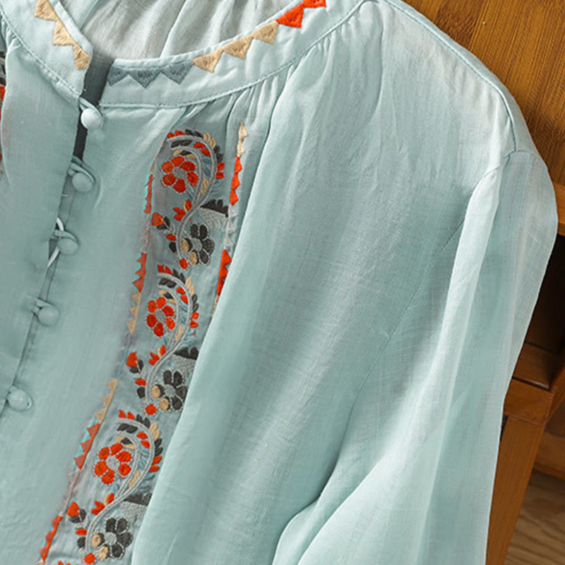 Camicia da donna in cotone e lino con maniche lunghe a lanterna, ricamo vintage Buddha Stones, abbottonatura a fila singola e multi-bottoni - image 14