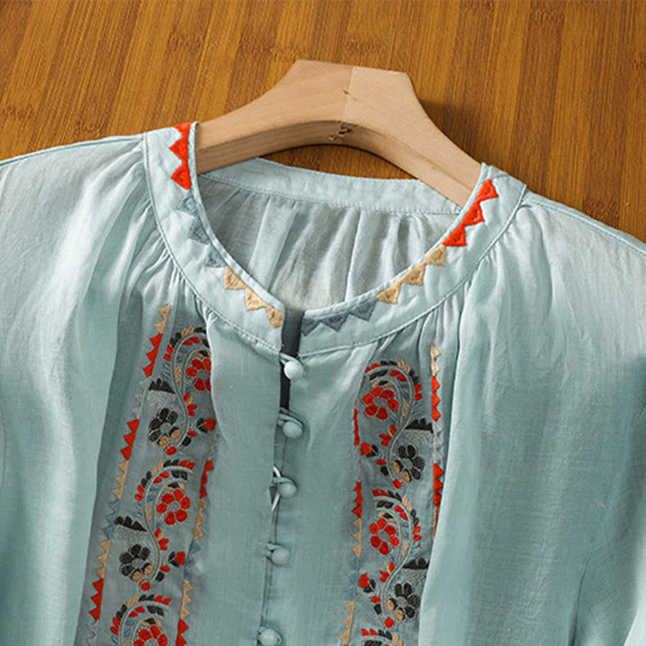Camicia da donna in cotone e lino con maniche lunghe a lanterna, ricamo vintage Buddha Stones, abbottonatura a fila singola e multi-bottoni - image 13