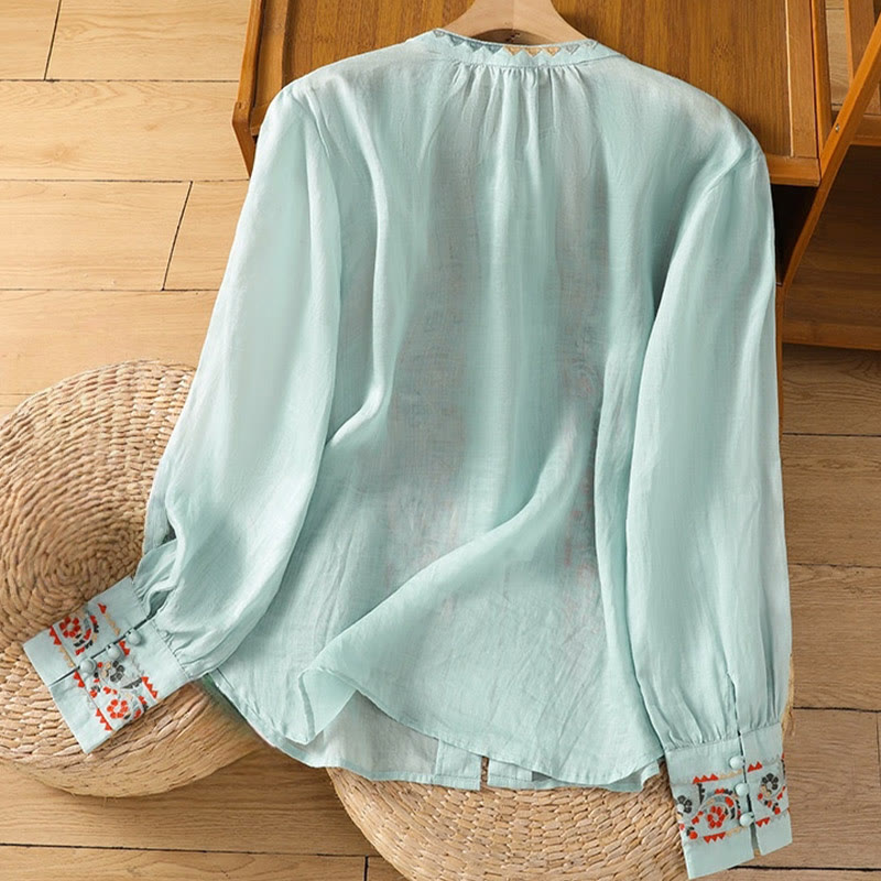 Camicia da donna in cotone e lino con maniche lunghe a lanterna, ricamo vintage Buddha Stones, abbottonatura a fila singola e multi-bottoni - image 12