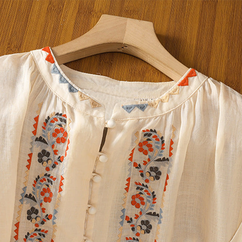 Camicia da donna in cotone e lino con maniche lunghe a lanterna, ricamo vintage Buddha Stones, abbottonatura a fila singola e multi-bottoni - image 2