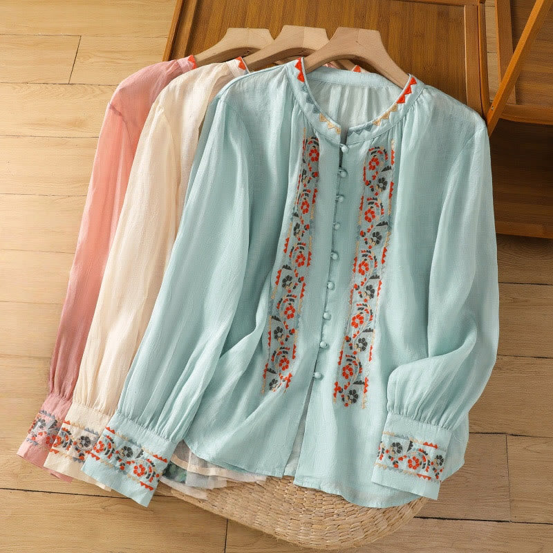 Camicia da donna in cotone e lino con maniche lunghe a lanterna, ricamo vintage Buddha Stones, abbottonatura a fila singola e multi-bottoni - image 15