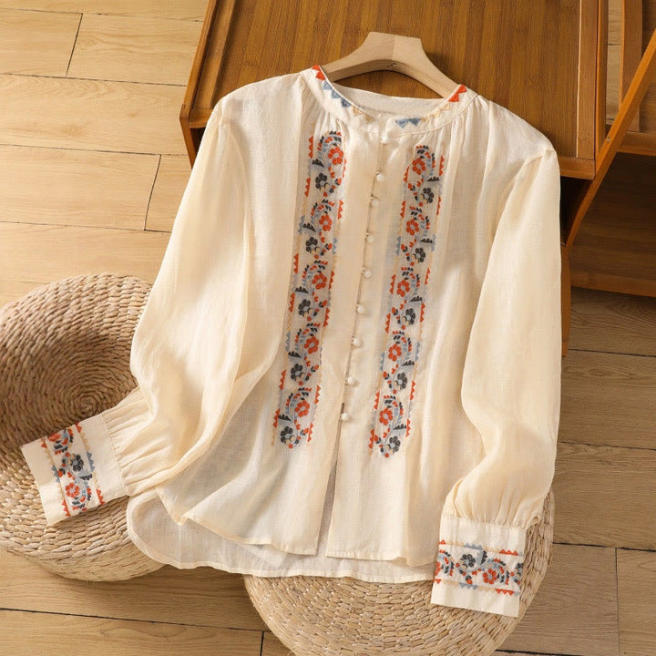 Camicia da donna in cotone e lino con maniche lunghe a lanterna, ricamo vintage Buddha Stones, abbottonatura a fila singola e multi-bottoni - Beige - US8-10, UK/AU12-14, EU40-42 (2XL) - image 0