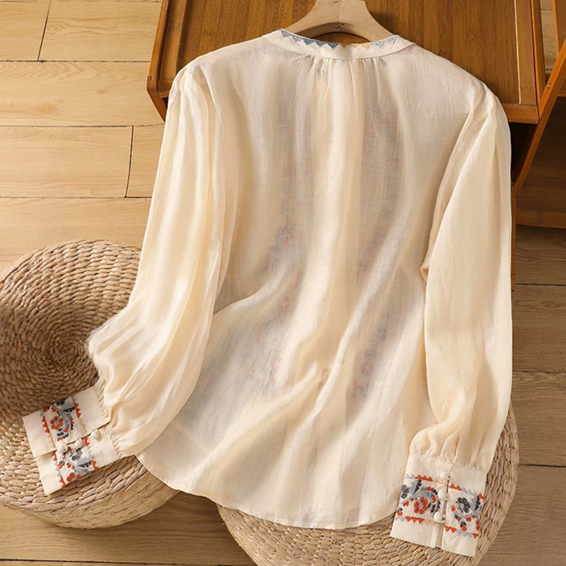 Camicia da donna in cotone e lino con maniche lunghe a lanterna, ricamo vintage Buddha Stones, abbottonatura a fila singola e multi-bottoni - image 1