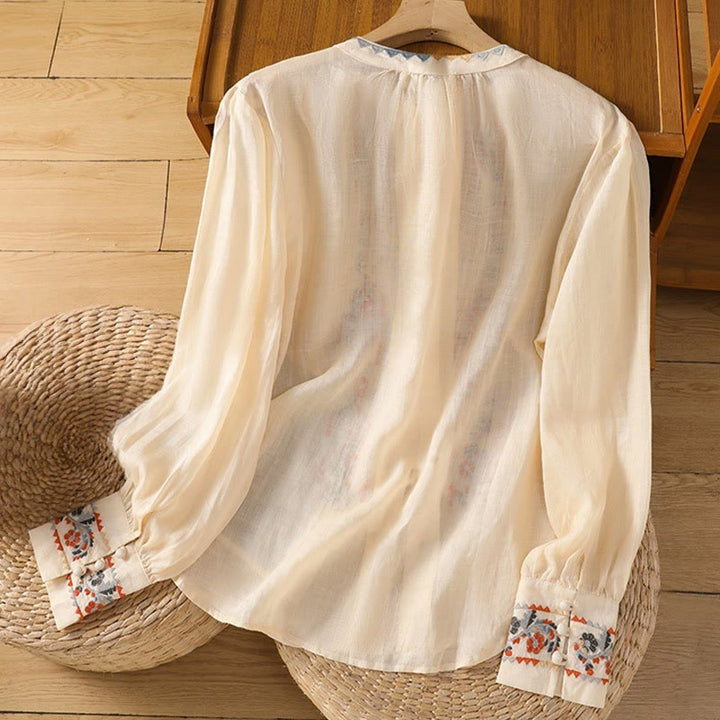 Camicia da donna in cotone e lino con maniche lunghe a lanterna, ricamo vintage Buddha Stones, abbottonatura a fila singola e multi-bottoni - image 1