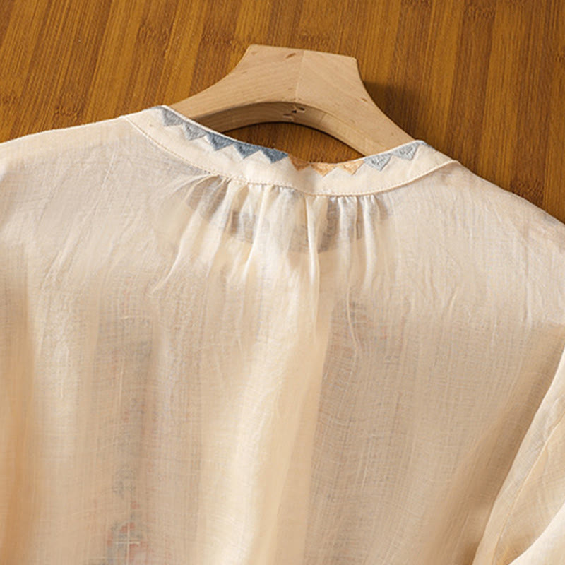 Camicia da donna in cotone e lino con maniche lunghe a lanterna, ricamo vintage Buddha Stones, abbottonatura a fila singola e multi-bottoni - image 3