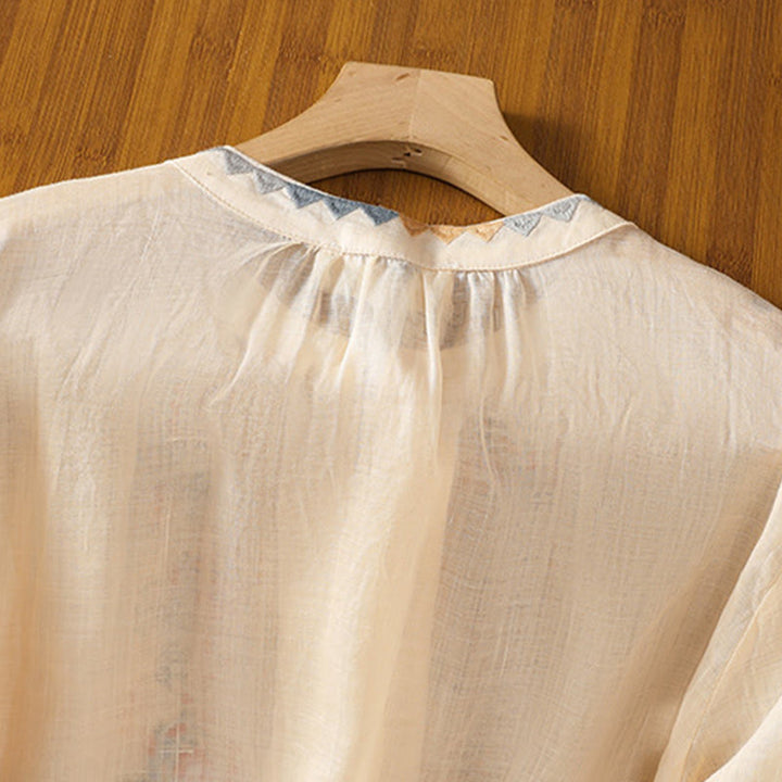Camicia da donna in cotone e lino con maniche lunghe a lanterna, ricamo vintage Buddha Stones, abbottonatura a fila singola e multi-bottoni - image 3