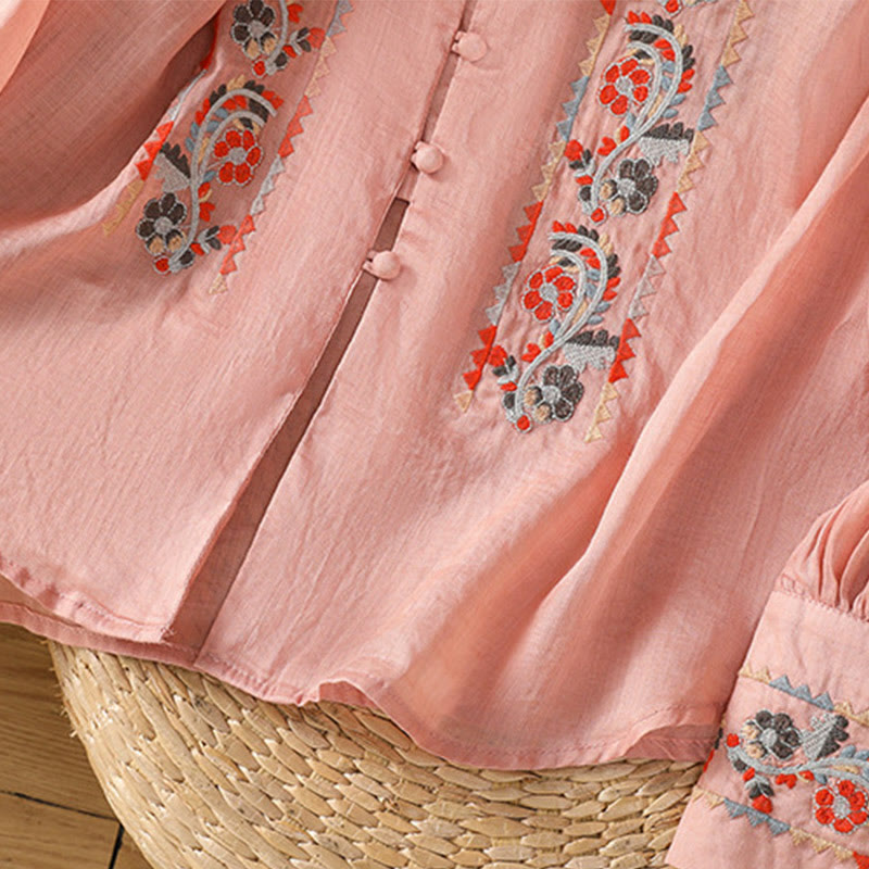 Camicia da donna in cotone e lino con maniche lunghe a lanterna, ricamo vintage Buddha Stones, abbottonatura a fila singola e multi-bottoni - image 9