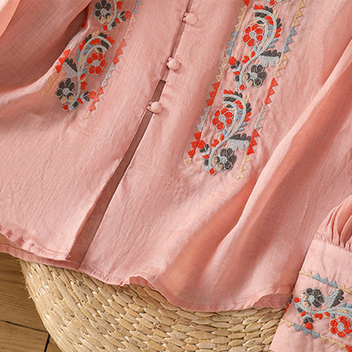 Camicia da donna in cotone e lino con maniche lunghe a lanterna, ricamo vintage Buddha Stones, abbottonatura a fila singola e multi-bottoni - image 9