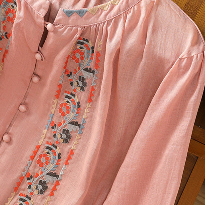 Camicia da donna in cotone e lino con maniche lunghe a lanterna, ricamo vintage Buddha Stones, abbottonatura a fila singola e multi-bottoni - image 8