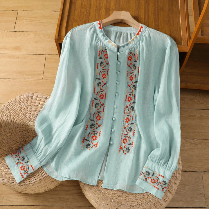 Camicia da donna in cotone e lino con maniche lunghe a lanterna, ricamo vintage Buddha Stones, abbottonatura a fila singola e multi-bottoni - Turchese - US8-10, UK/AU12-14, EU40-42 (2XL) - image 11