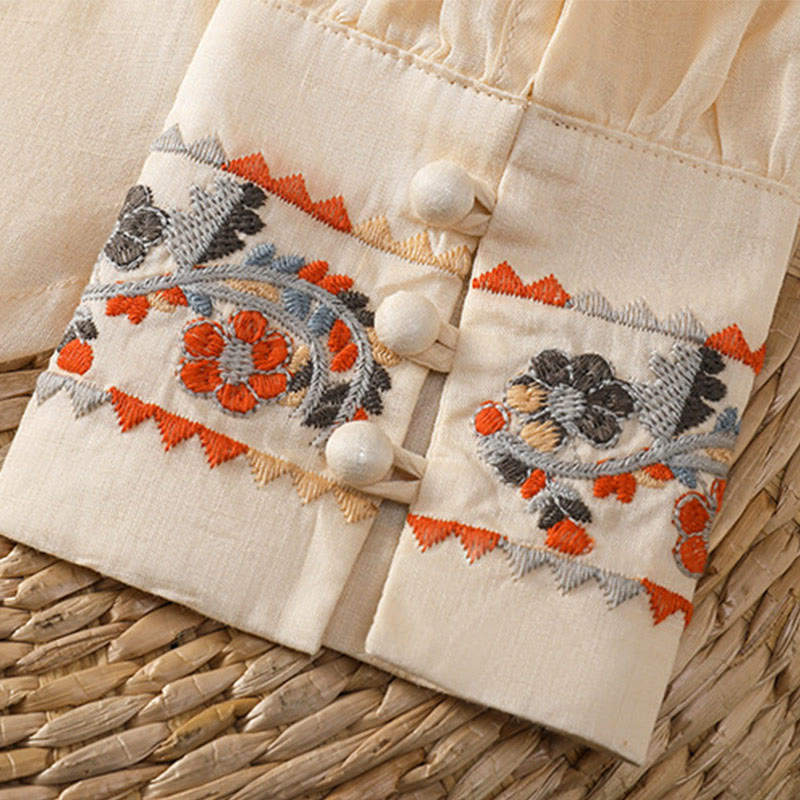 Camicia da donna in cotone e lino con maniche lunghe a lanterna, ricamo vintage Buddha Stones, abbottonatura a fila singola e multi-bottoni - image 4