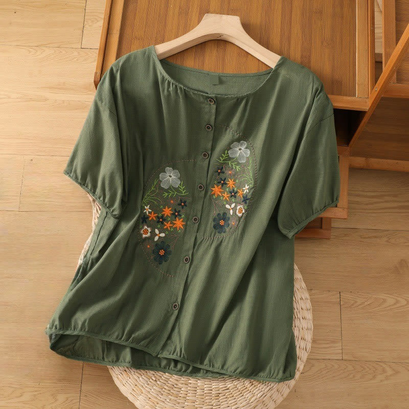 Giacca-camicia da donna in cotone e lino a maniche corte con ricamo asimmetrico vintage Buddha Stones , motivo floreale e vegetale - Verde scuro - US14, UK/AU18, EU46 (2XL) - image 0
