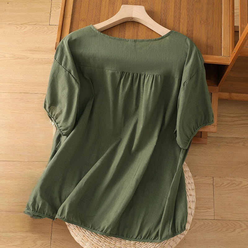 Giacca-camicia da donna in cotone e lino a maniche corte con ricamo asimmetrico vintage Buddha Stones , motivo floreale e vegetale - image 1