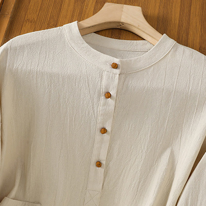 Camicia da donna in cotone e lino a maniche corte con tasca, Buddha Stones, casual, estiva, colore puro, con bottoni a metà, design semplice - image 1