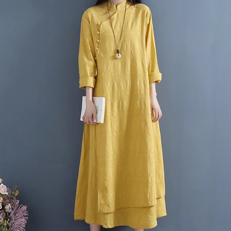 Abito midi in cotone e lino con lacci laterali, casual e semplice, con bottoni a rana, primaverile, Buddha Stones - image 6