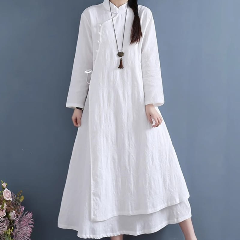 Abito midi in cotone e lino con lacci laterali, casual e semplice, con bottoni a rana, primaverile, Buddha Stones - Bianco - US8-10, UK/AU12-14, EU40-42 (2XL) - image 1