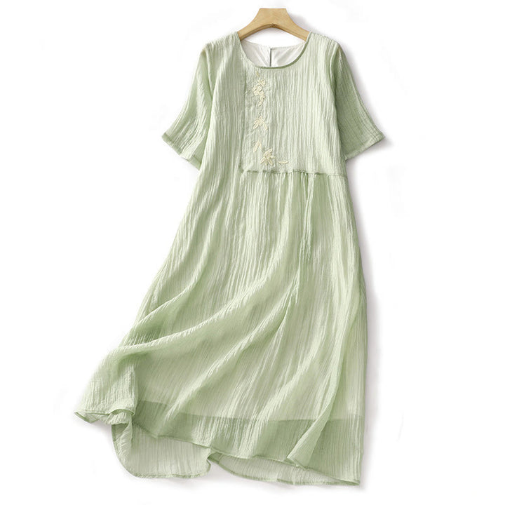 Abito midi in cotone e lino a maniche corte, estivo, casual, con ricamo semplice a doppio strato, motivo Buddha Stones - Verde pallido - US8-10, UK/AU12-14, EU40-42 (2XL) - image 1