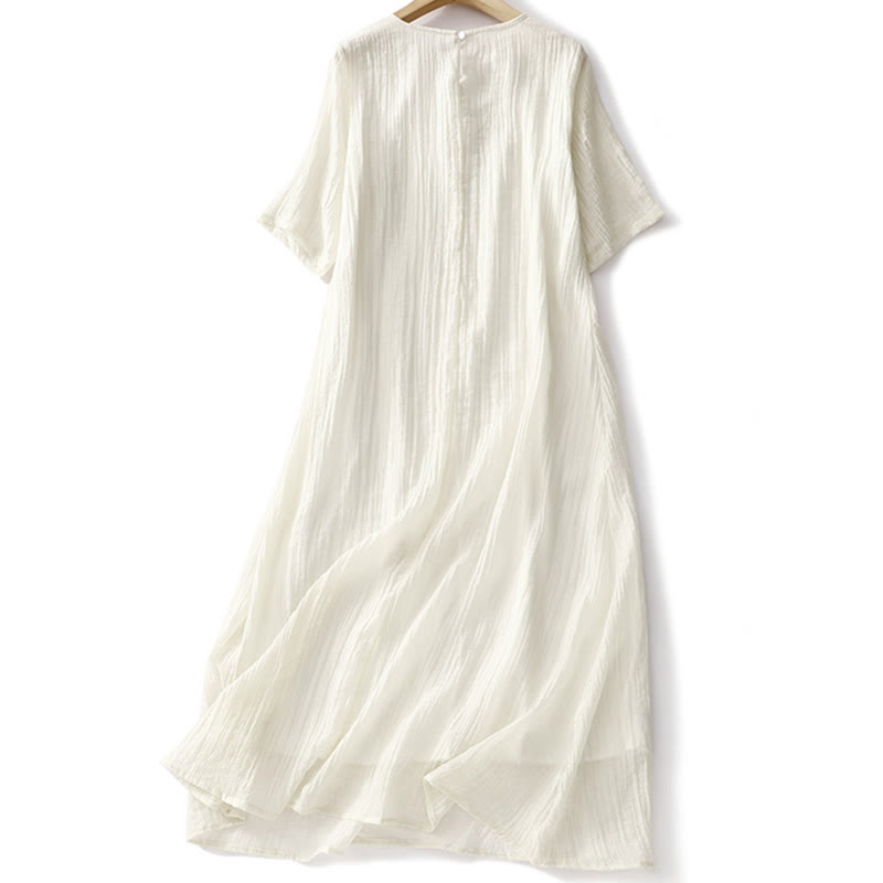 Abito midi in cotone e lino a maniche corte, estivo, casual, con ricamo semplice a doppio strato, motivo Buddha Stones - image 10