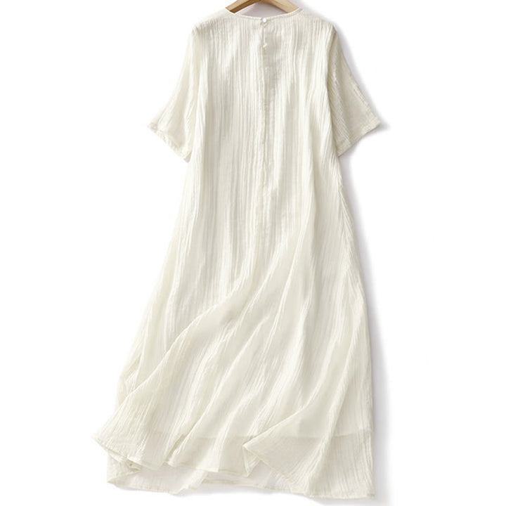 Abito midi in cotone e lino a maniche corte, estivo, casual, con ricamo semplice a doppio strato, motivo Buddha Stones - image 10