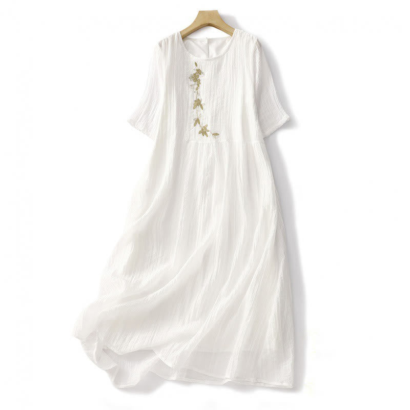 Abito midi in cotone e lino a maniche corte, estivo, casual, con ricamo semplice a doppio strato, motivo Buddha Stones - Bianco - US8-10, UK/AU12-14, EU40-42 (2XL) - image 22