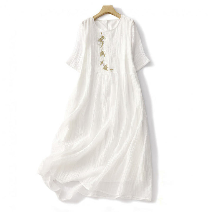 Abito midi in cotone e lino a maniche corte, estivo, casual, con ricamo semplice a doppio strato, motivo Buddha Stones - Bianco - US8-10, UK/AU12-14, EU40-42 (2XL) - image 22