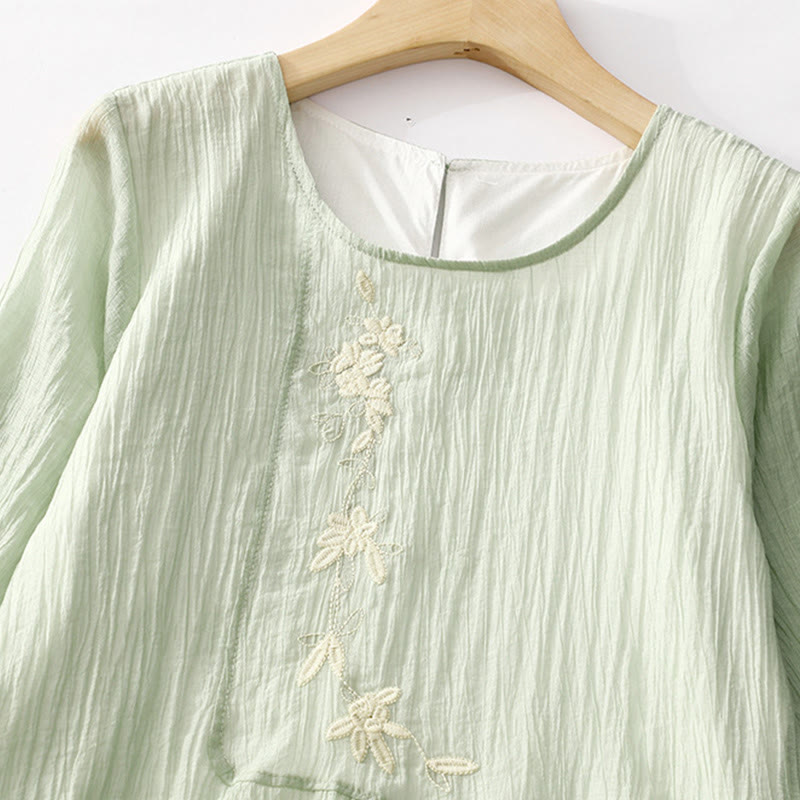 Abito midi in cotone e lino a maniche corte, estivo, casual, con ricamo semplice a doppio strato, motivo Buddha Stones - image 1