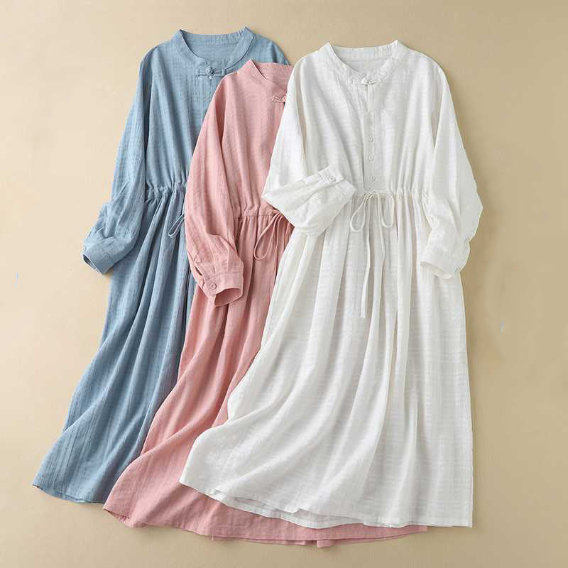 Abito midi in cotone e lino a maniche lunghe con tasche, motivo retrò Buddha Stones , tinta unita, coulisse e bottoni a rana - image 25