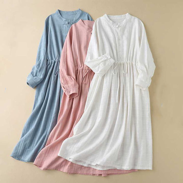 Abito midi in cotone e lino a maniche lunghe con tasche, motivo retrò Buddha Stones , tinta unita, coulisse e bottoni a rana - image 25