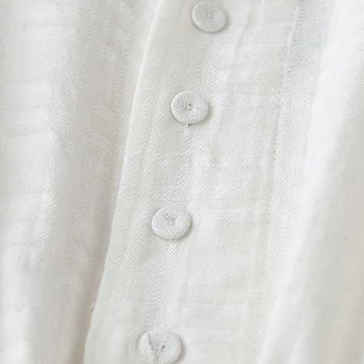 Abito midi in cotone e lino a maniche lunghe con tasche, motivo retrò Buddha Stones , tinta unita, coulisse e bottoni a rana - image 11