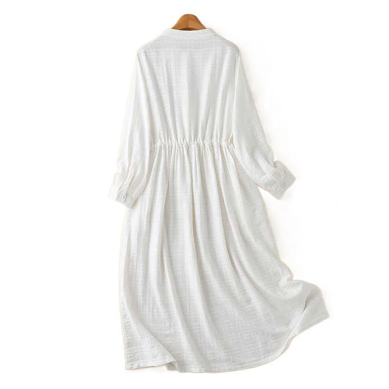 Abito midi in cotone e lino a maniche lunghe con tasche, motivo retrò Buddha Stones , tinta unita, coulisse e bottoni a rana - image 18