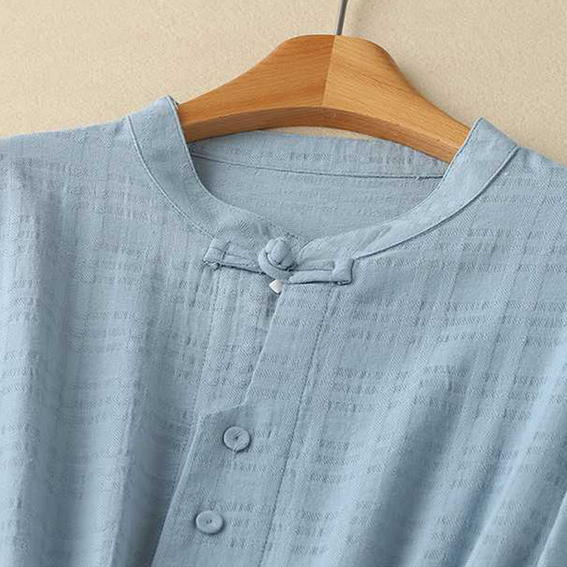 Abito midi in cotone e lino a maniche lunghe con tasche, motivo retrò Buddha Stones , tinta unita, coulisse e bottoni a rana - image 1