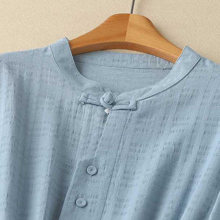 Abito midi in cotone e lino a maniche lunghe con tasche, motivo retrò Buddha Stones , tinta unita, coulisse e bottoni a rana - image 1