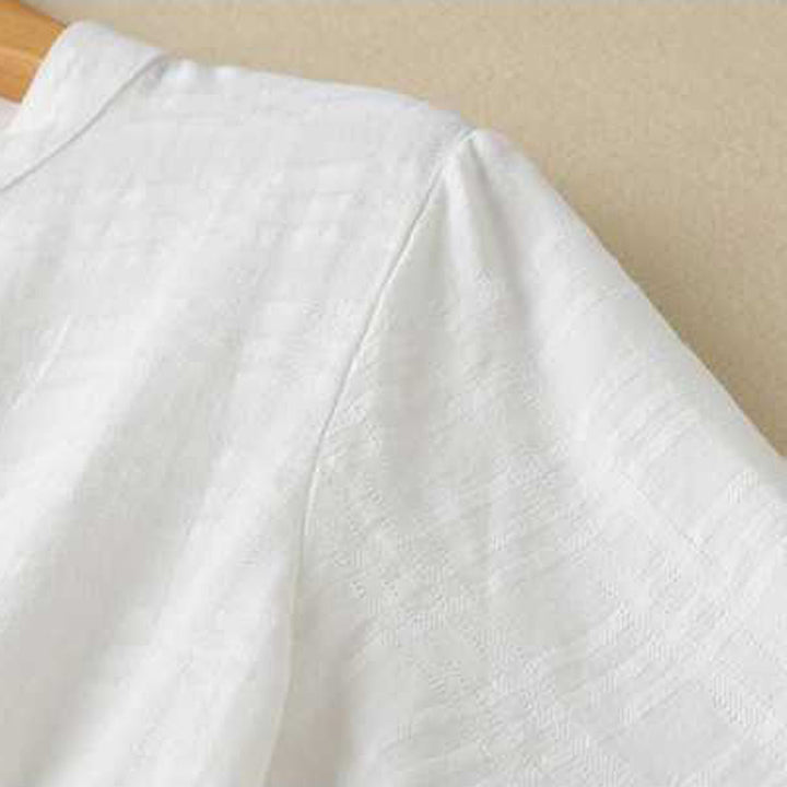 Abito midi in cotone e lino a maniche lunghe con tasche, motivo retrò Buddha Stones , tinta unita, coulisse e bottoni a rana - image 10