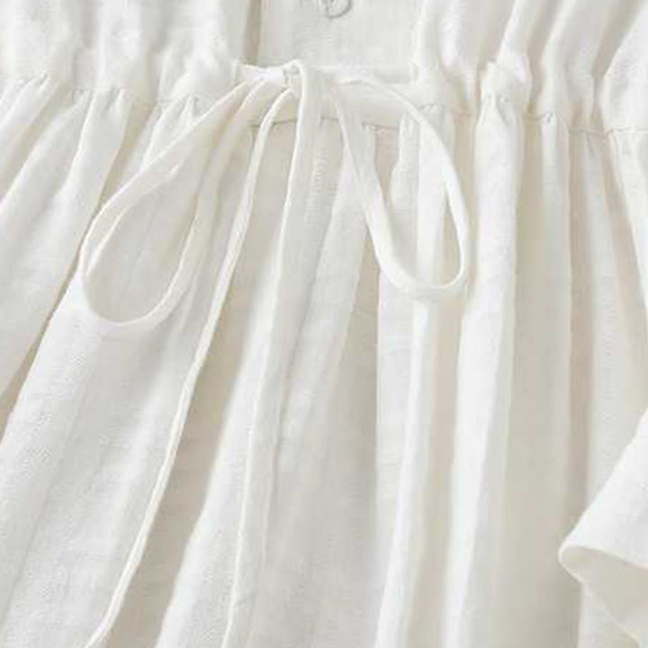 Abito midi in cotone e lino a maniche lunghe con tasche, motivo retrò Buddha Stones , tinta unita, coulisse e bottoni a rana - image 13