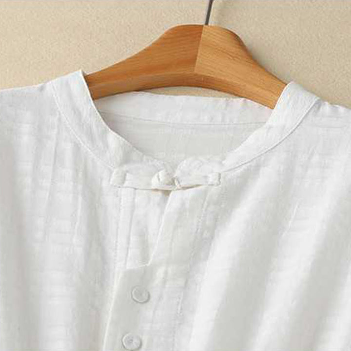 Abito midi in cotone e lino a maniche lunghe con tasche, motivo retrò Buddha Stones , tinta unita, coulisse e bottoni a rana - image 8