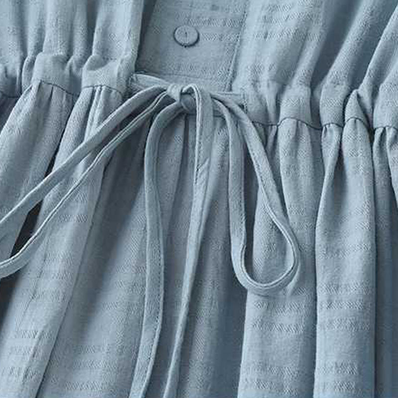 Abito midi in cotone e lino a maniche lunghe con tasche, motivo retrò Buddha Stones , tinta unita, coulisse e bottoni a rana - image 4