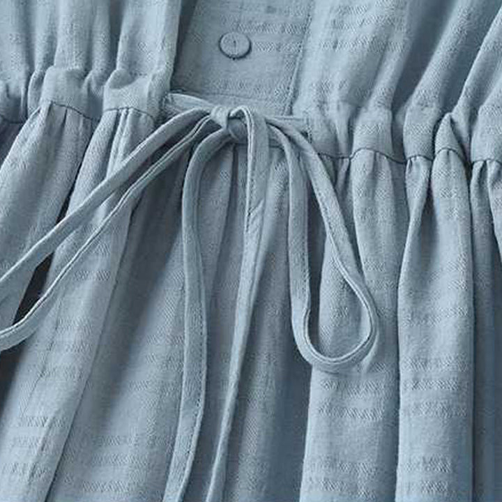 Abito midi in cotone e lino a maniche lunghe con tasche, motivo retrò Buddha Stones , tinta unita, coulisse e bottoni a rana - image 4