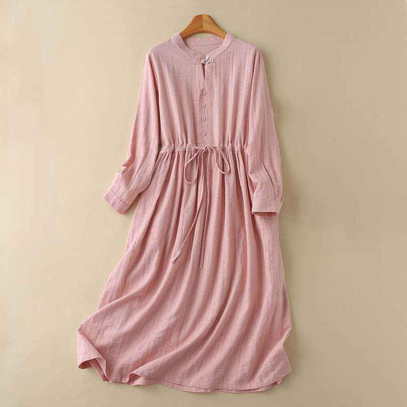 Abito midi in cotone e lino a maniche lunghe con tasche, motivo retrò Buddha Stones , tinta unita, coulisse e bottoni a rana - Salmone - US8-10, UK/AU12-14, EU40-42 (2XL) - image 19