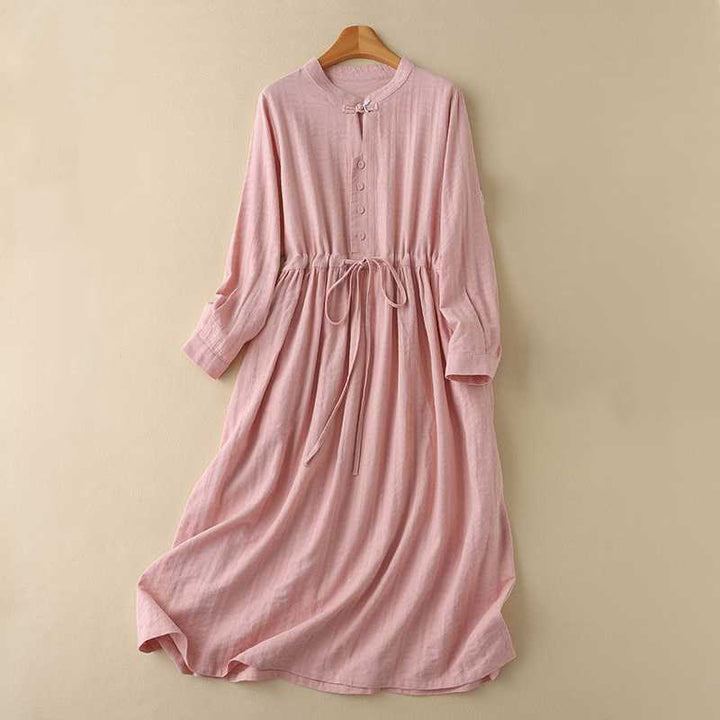 Abito midi in cotone e lino a maniche lunghe con tasche, motivo retrò Buddha Stones , tinta unita, coulisse e bottoni a rana - Salmone - US8-10, UK/AU12-14, EU40-42 (2XL) - image 19