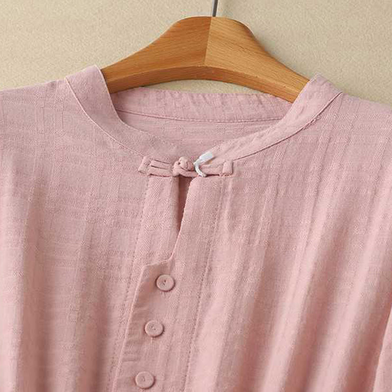 Abito midi in cotone e lino a maniche lunghe con tasche, motivo retrò Buddha Stones , tinta unita, coulisse e bottoni a rana - image 20