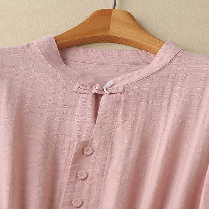 Abito midi in cotone e lino a maniche lunghe con tasche, motivo retrò Buddha Stones , tinta unita, coulisse e bottoni a rana - image 20