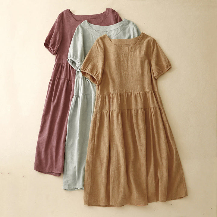Abito midi in cotone a maniche corte con scollo a giro e polsini elastici in jacquard estivo Buddha Stones