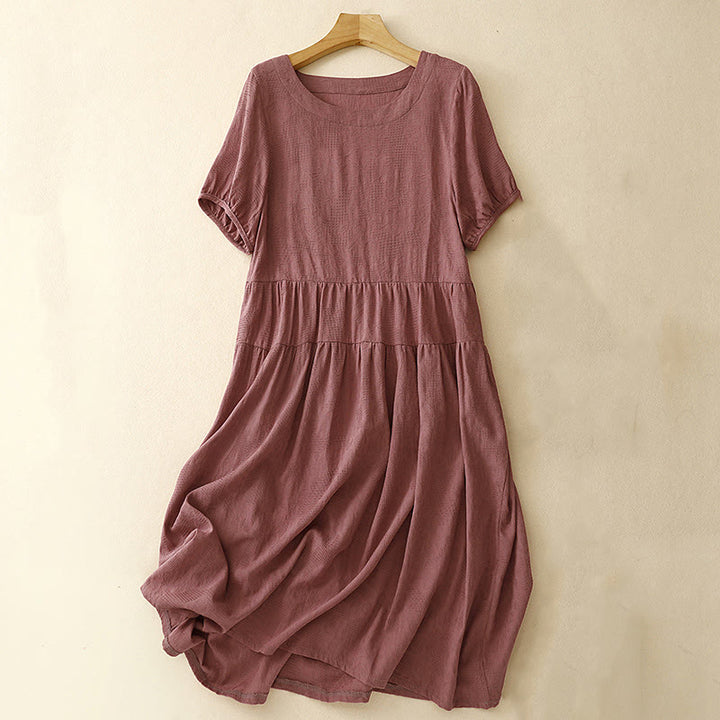 Abito midi in cotone a maniche corte con scollo a giro e polsini elastici in jacquard estivo Buddha Stones