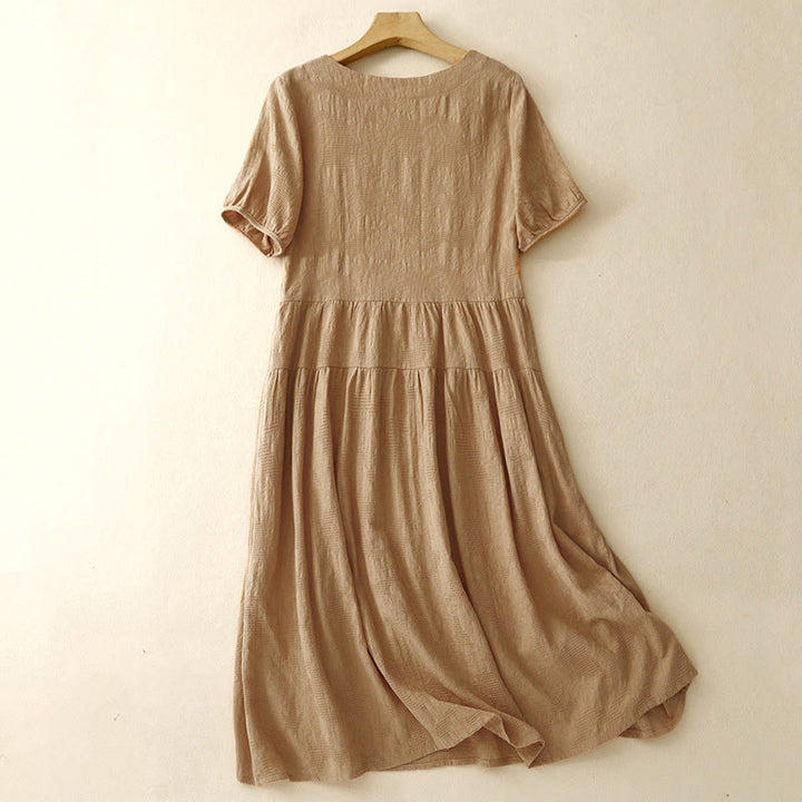 Abito midi in cotone a maniche corte con scollo a giro e polsini elastici in jacquard estivo Buddha Stones