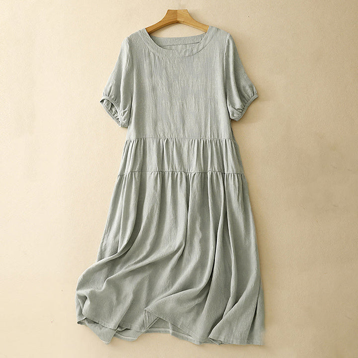 Abito midi in cotone a maniche corte con scollo a giro e polsini elastici in jacquard estivo Buddha Stones