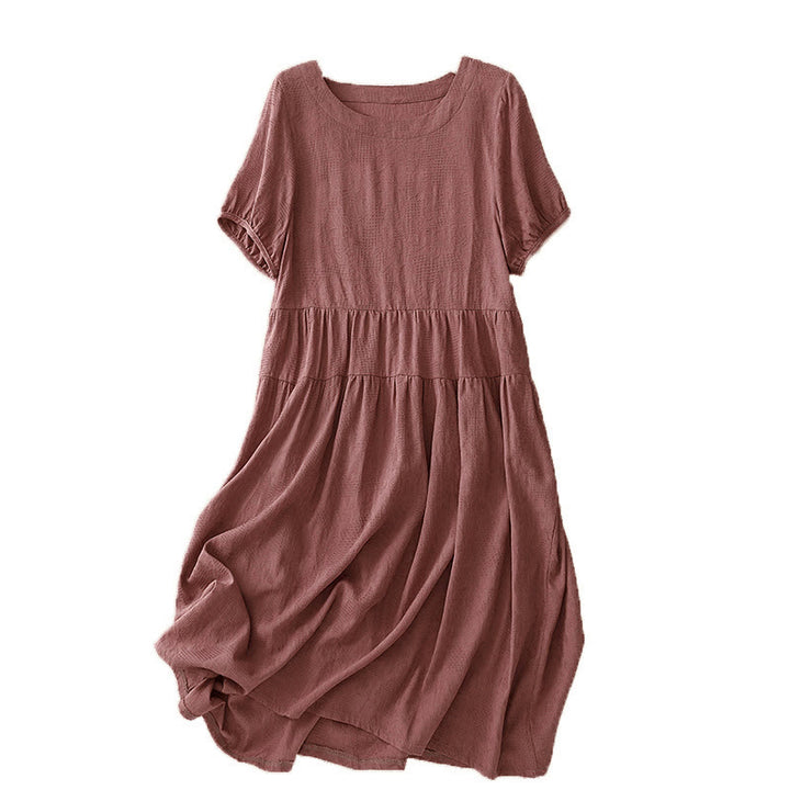 Abito midi in cotone a maniche corte con scollo a giro e polsini elastici in jacquard estivo Buddha Stones
