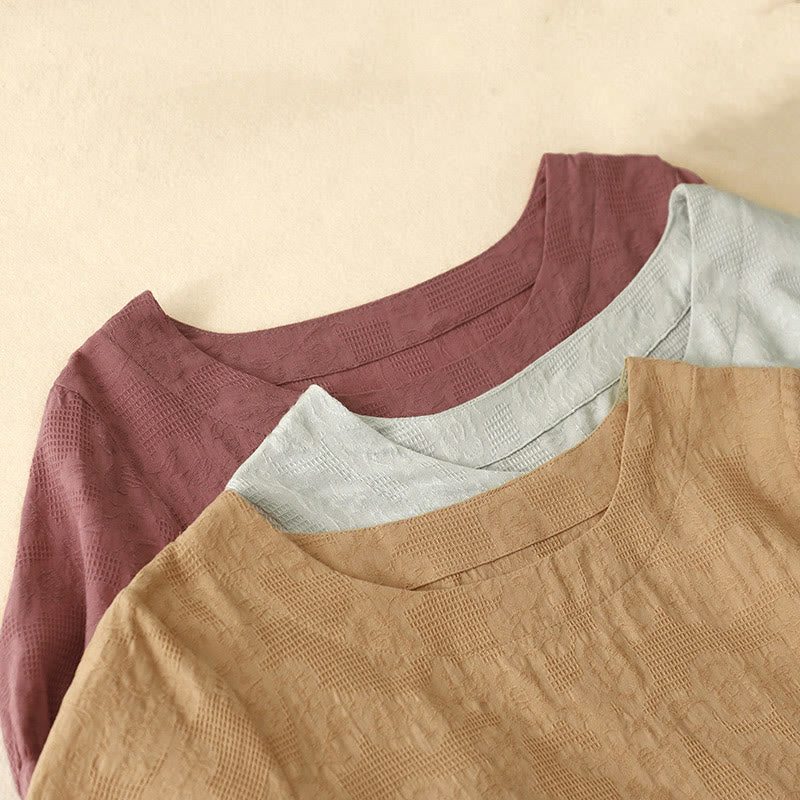 Abito midi in cotone a maniche corte con scollo a giro e polsini elastici in jacquard estivo Buddha Stones