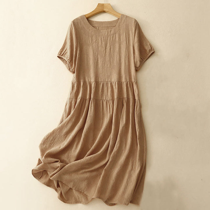 Abito midi in cotone a maniche corte con scollo a giro e polsini elastici in jacquard estivo Buddha Stones
