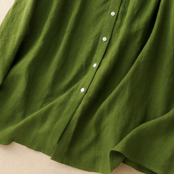 Abito midi estivo senza maniche in cotone con lacci e bottoni sul davanti, design a revers e motivo Buddha Stones. - image 12